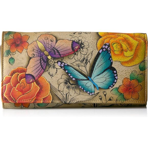 Women’s Hand-Painted Leather Three Fold Wallet Organizer Snap Closure